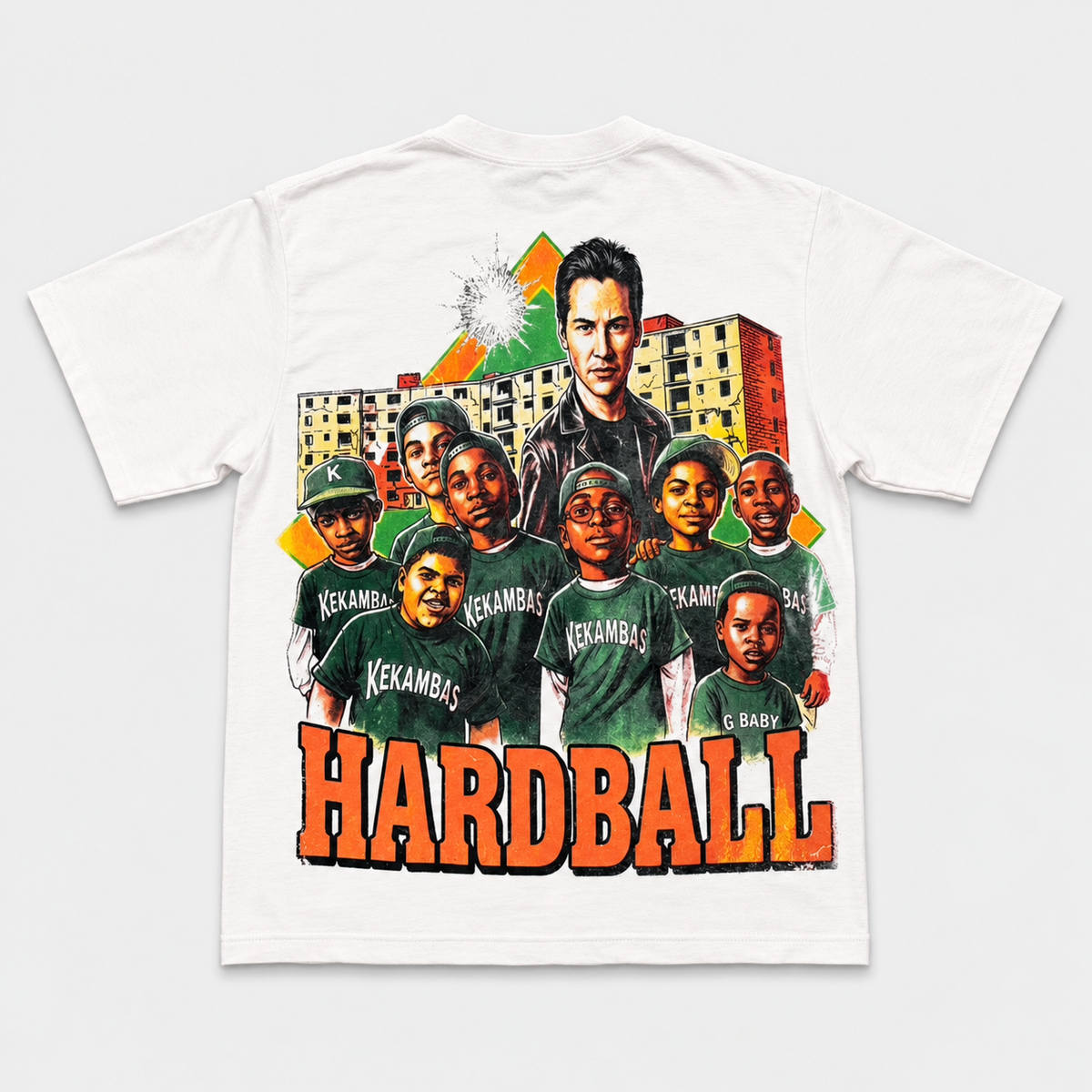 KEKAMBAS tee back, white heavyweight tee with full team and orange HARDBALL lettering