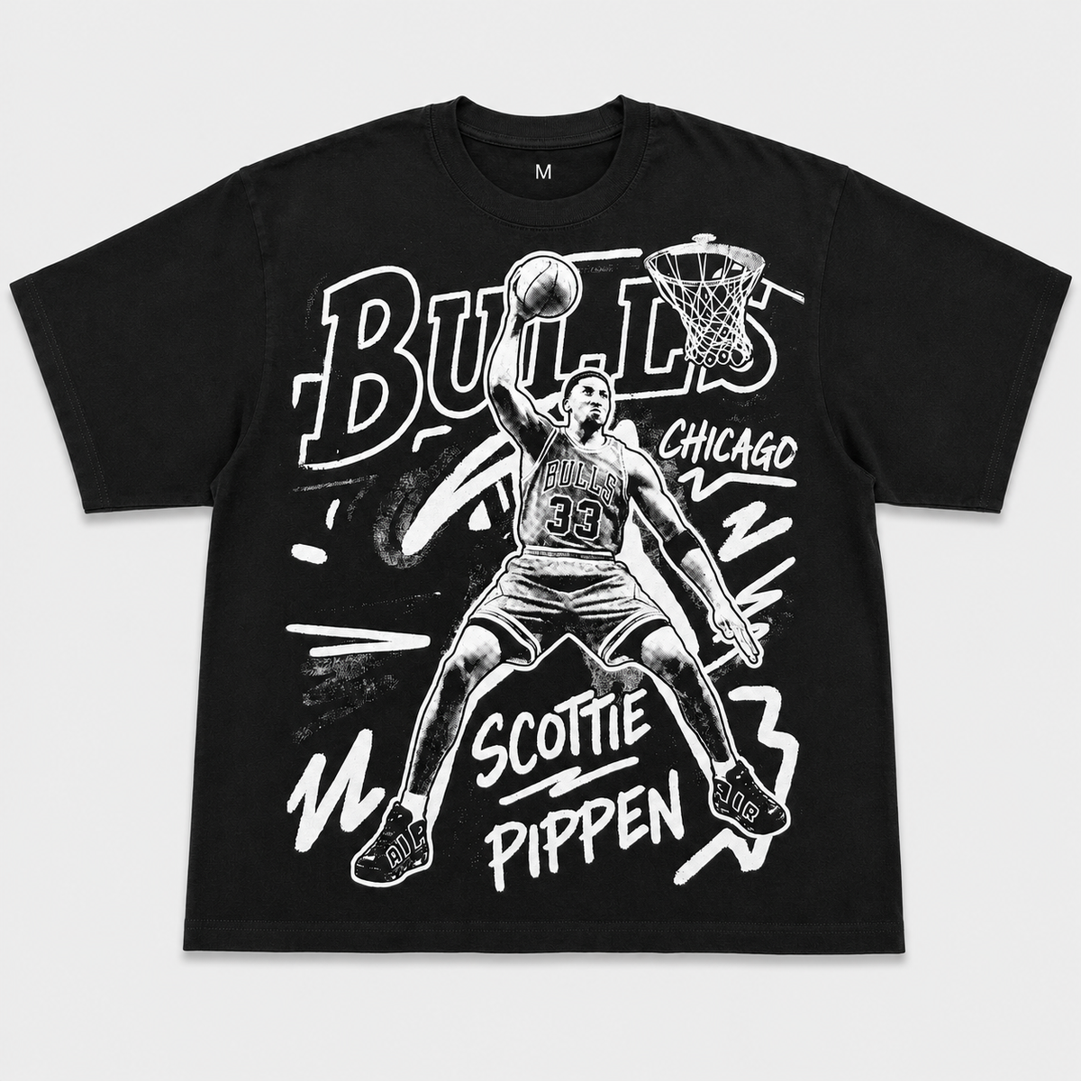 NO PIPP NO RINGS tee, black heavyweight boxy tee with black and white number 33 dunk graphic