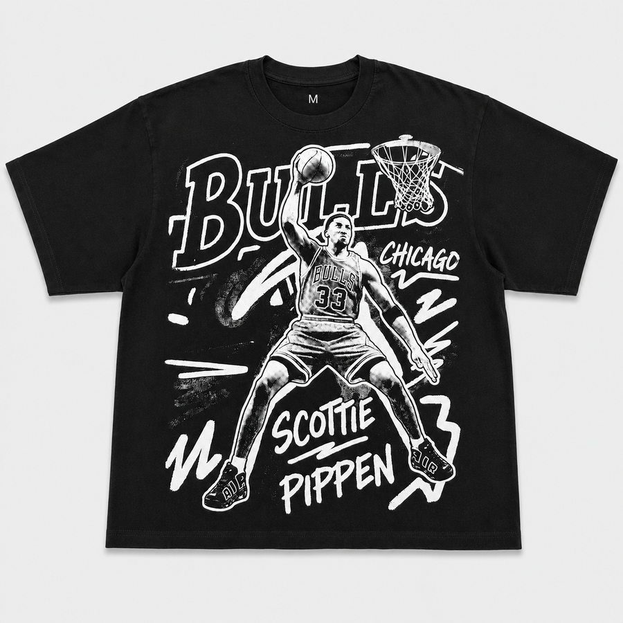 NO PIPP NO RINGS tee, black heavyweight boxy tee with black and white number 33 dunk graphic
