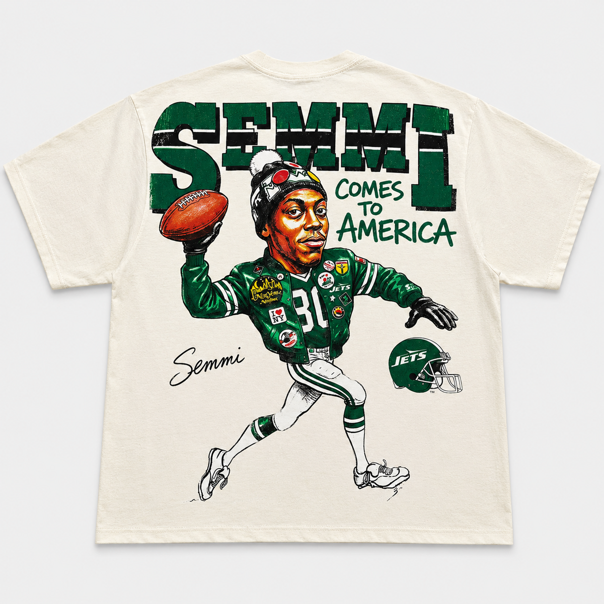 Semmi Comes To America back print on natural heavyweight KIY Studios tee, Jets green