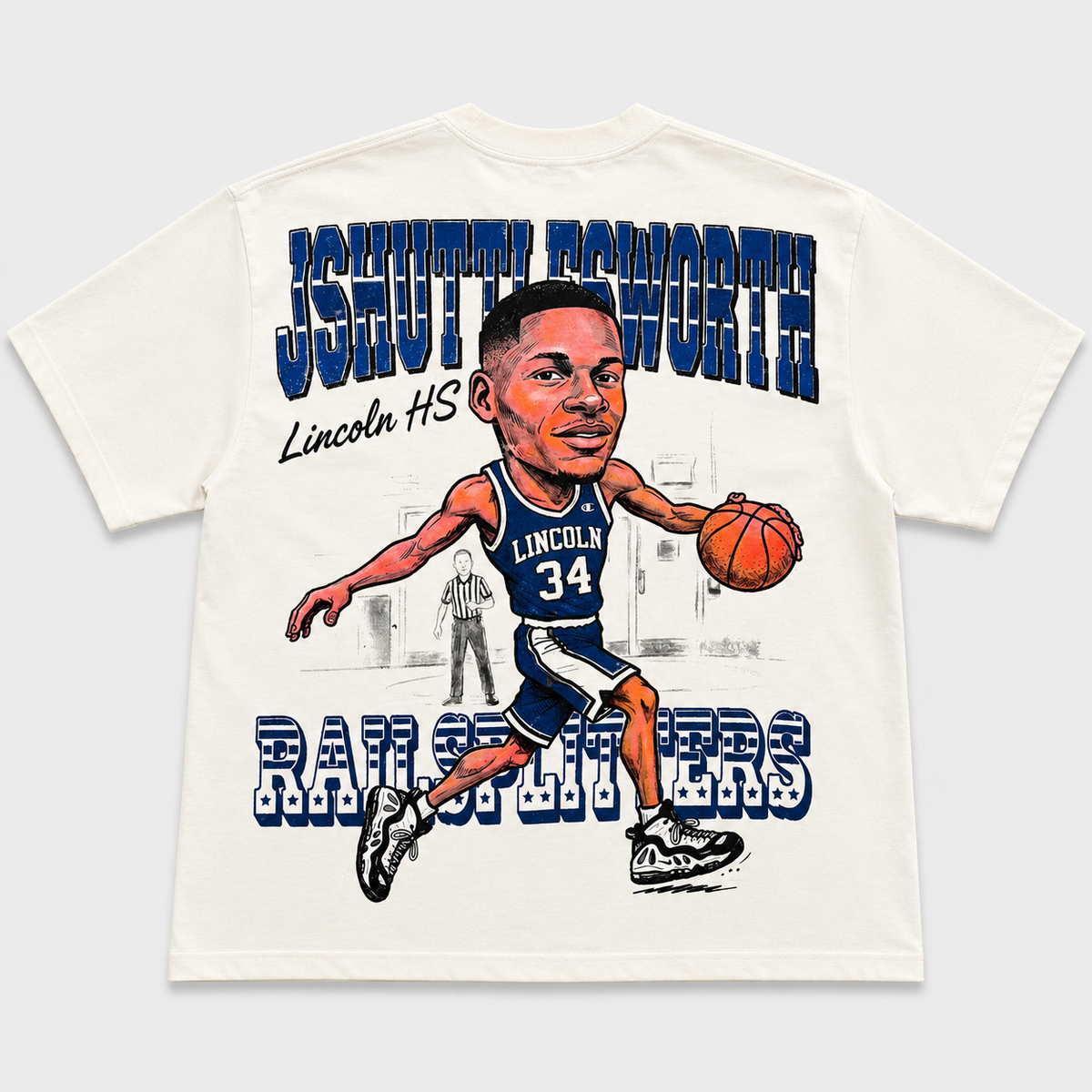 THEY GOT GAME tee back, navy Lincoln 34 Railsplitters graphic on natural heavyweight tee