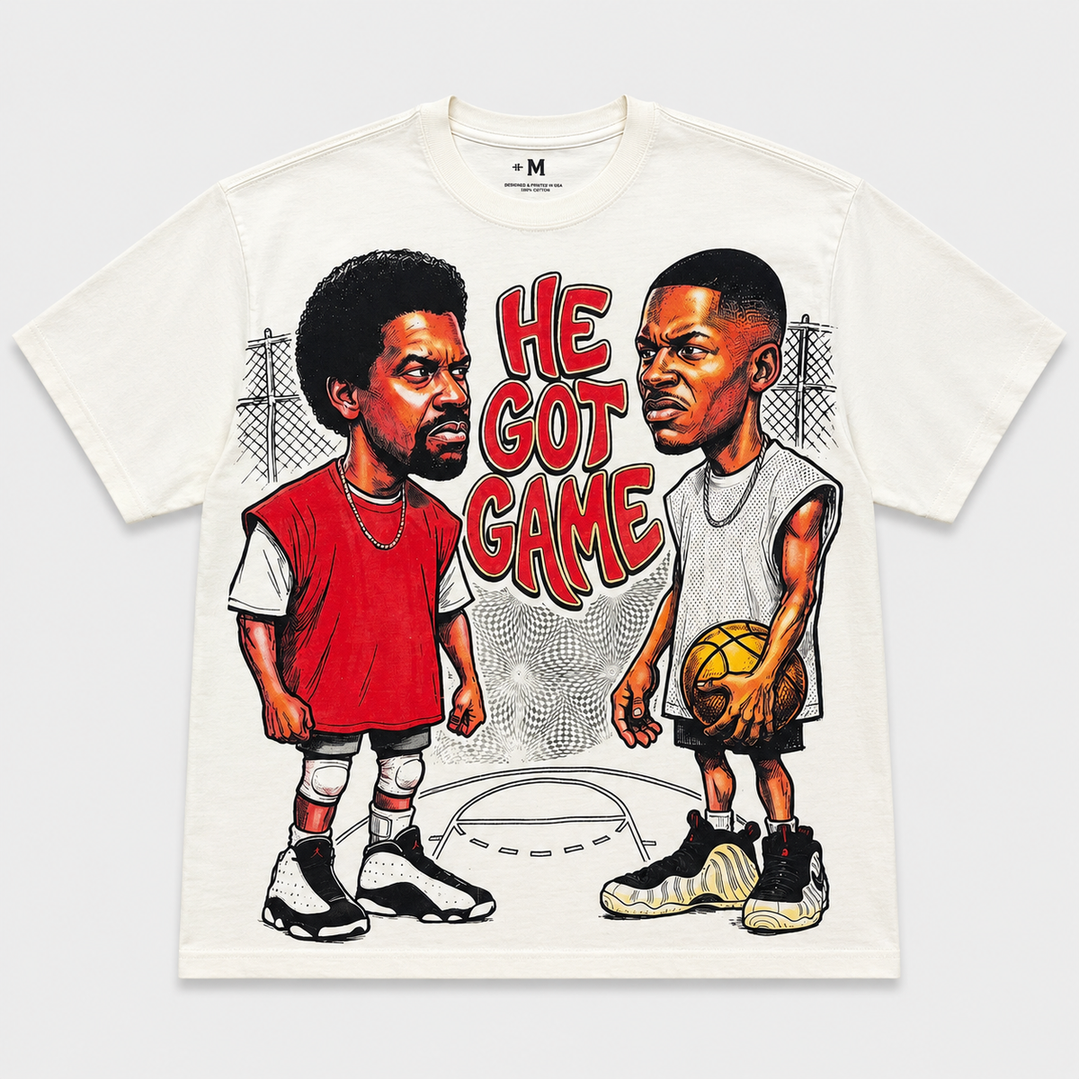 THEY GOT GAME tee front, natural heavyweight boxy tee with two blacktop players and red lettering