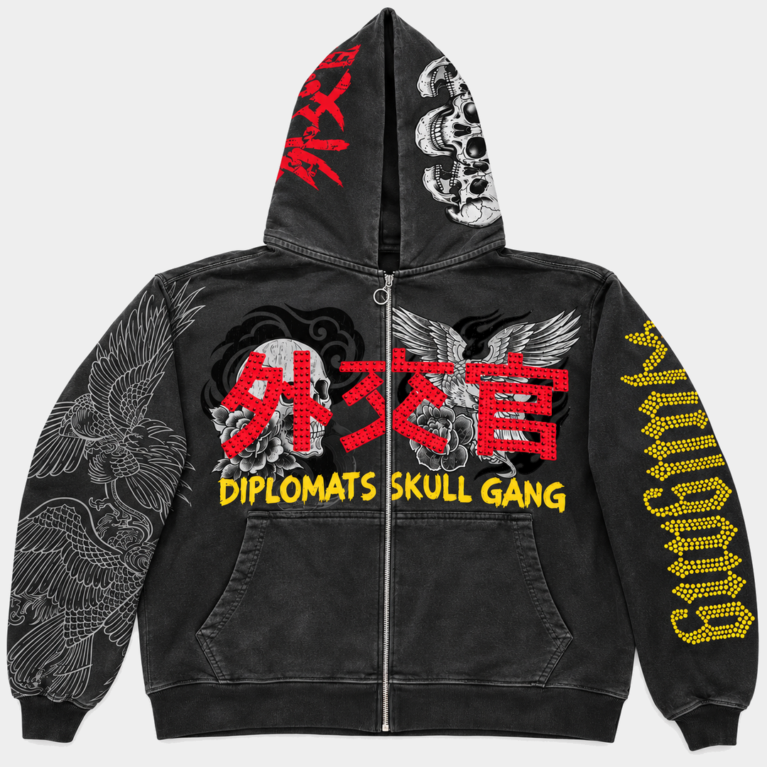 DIPLOMATS SKULL GANG Sweatsuit Black Washed Terry hoodie front