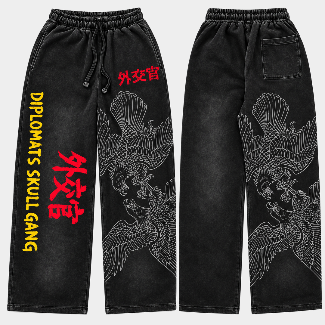 DIPLOMATS SKULL GANG Sweatsuit Black Washed Terry pants front and back