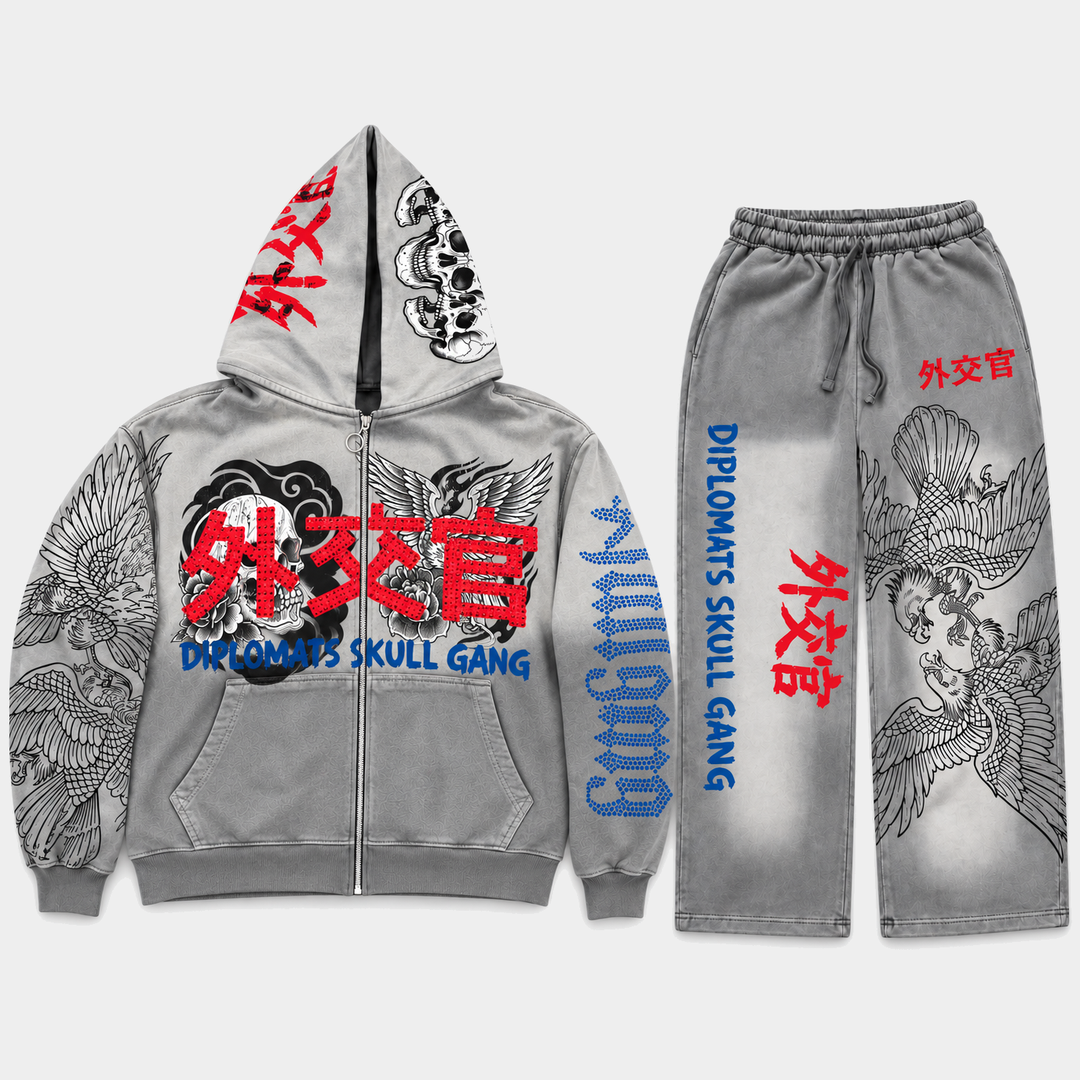 DIPLOMATS SKULL GANG Sweatsuit Grey Washed Terry front