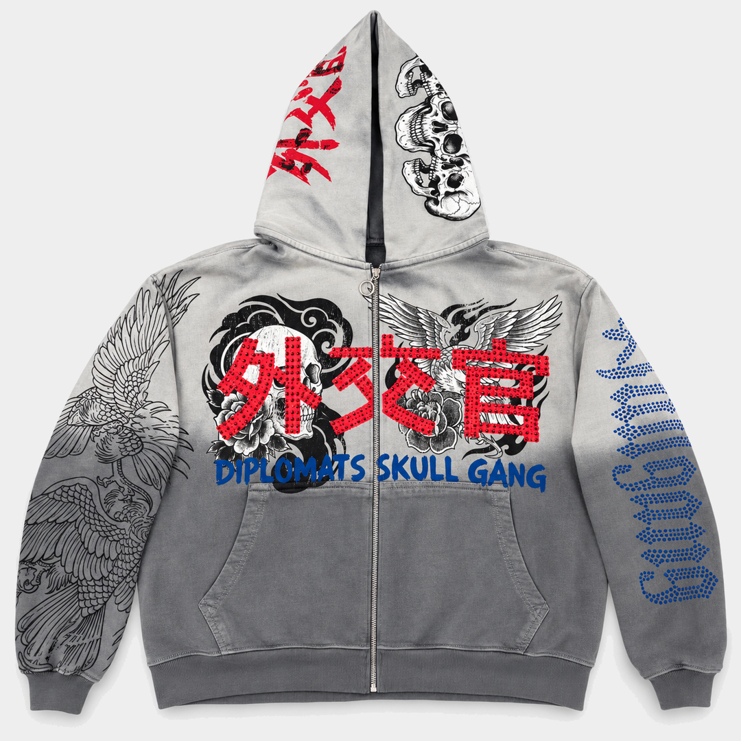 DIPLOMATS SKULL GANG Sweatsuit Grey Washed Terry hoodie front