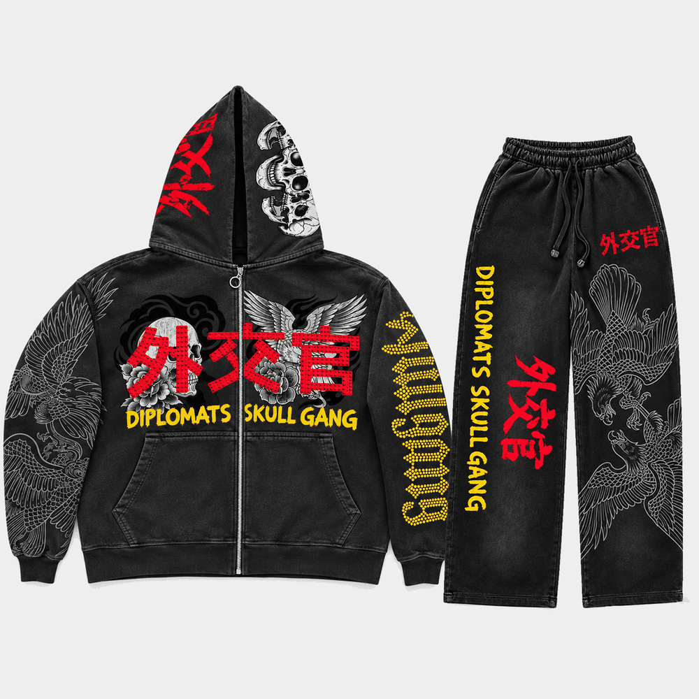 DIPLOMATS SKULL GANG Sweatsuit Black Washed Terry front/back